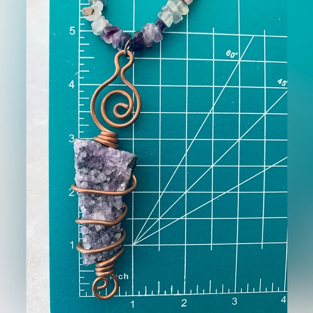 Artisan Amethyst Geode Copper Wire Wrapped Pendant Crystal Necklace - Picture 7 of 10
